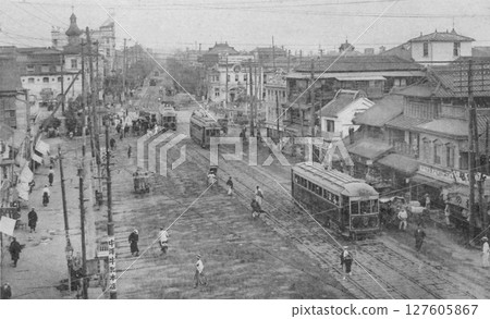 Old photo, 1907-1918, Tokyo, Ginza Chuo-dori, panorama of the Ginza area seen from Shinbashi Old photo, 1907-1918, Tokyo, Ginza Chuo-dori, panorama of the Ginza area seen from Shinbashi 127605867