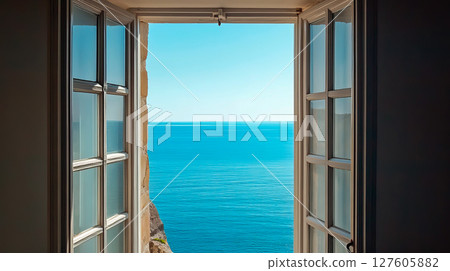 Beautiful sea view from the open window 127605882