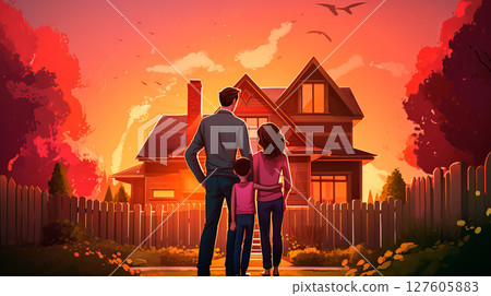 A family stands in front of a burning house 127605883