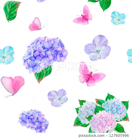 Seamless pattern of purple hydrangea flowers, blue and violet petals, pink butterflies, green leaves, hydrangea bouquet. Hand drawn in watercolor. Seamless pattern of purple hydrangea flowers, blue and violet petals, pink butterflies, green leaves, hydrangea bouquet. Hand drawn in watercolor. 127605996