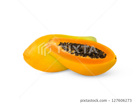 Half of papaya and whole papaya fruit isolated, clipping path. 127606273