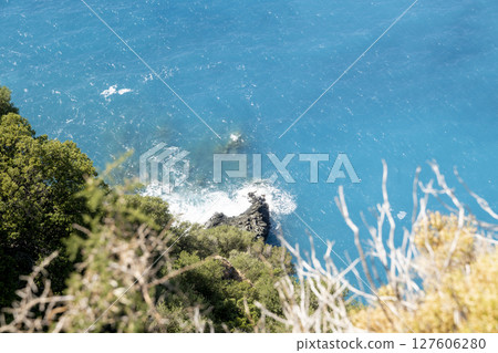 Enjoy a serene and breathtaking coastal view showcasing the crystal clear blue ocean waters Enjoy a serene and breathtaking coastal view showcasing the crystal clear blue ocean waters 127606280