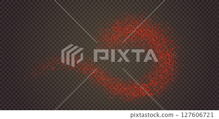 Grainy chilli powder swirl on black table or countertop top view 127606721