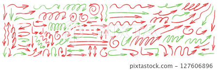 Arrows hand drawn set. Crayon straight and curved thin pointers doodle elements set. Freehand arrow by markers. Vector illustration turns by pencil. Grunge chalk freehand graphic on white background 127606896