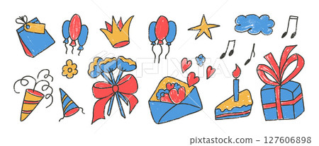 Happy birthday party crayon drawn set. Celebration Bday colorful doodle isolated on white background. Gift, confetti, cake with balloons for festive. Vector scribbles elements illustration by pencil 127606898