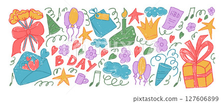 Happy birthday party crayon drawn set. Celebration Bday colorful doodle isolated on white background. Gift, confetti and cakes with balloons for festive. Vector kids scribbles elements by pencil 127606899