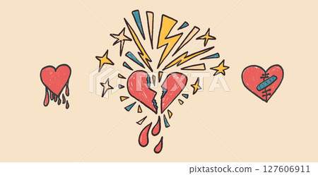 Broken hearts crayon drawn set. Breakup marker doodles isolated on white background. Love naive hand drawn painting elements. Vector heartbreak by pencil illustration 127606911