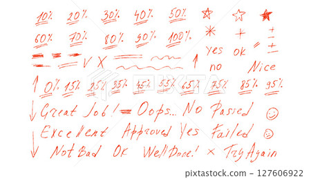 Exam grade percentage marks crayon drawing set. School test results freehand sings. Teacher percent scores for student homework. Vector handwritten scribble qualification rating symbols isolated 127606922