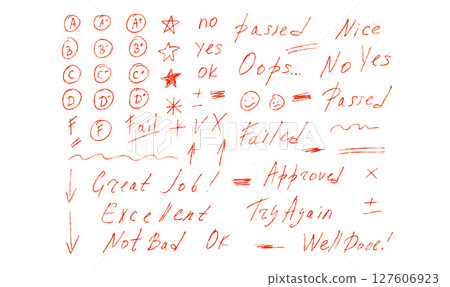 Exam letters grade marks wax crayon style set. School test results hand drawn sings. Teacher scores for homework. Vector handwritten qualification rating and correction symbols isolated on white Exam letters grade marks wax crayon style set. School test results hand drawn sings. Teacher scores for homework. Vector handwritten qualification rating and correction symbols isolated on white 127606923