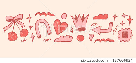 Crown, cherry, heart and geometric forms coquette elements. Crayon red and pink shapes set. Naive retro doodle figures on beige background. Vector girly style illustration by pencil 127606924