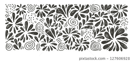 Set of charcoal painted fireworks. Festive firecracker black brush elements on white background. Doodle silhouette of comet collection. Splash and circular flash. Vector hand drawn illustration 127606928