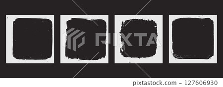 Grunge graffiti square frames set templates. Ink paint border with rough edges for cover and banner. Retro textured overlays. Rectangular old black flyer backgrounds. Vector design illustration 127606930