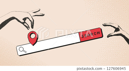 Travel collage with photocopy hands with pixel art tourism elements. Human arms palms holding location map pin and search bar. Vector journey bitmap scrapbook and 8bit mixed media illustration 127606945
