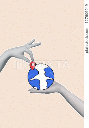 Travel collage with halftone hand with pixel art tourism elements. Human arms palm holding globe and location map pin. Vector flight journey bitmap scrapbook and 8bit mixed media illustration Travel collage with halftone hand with pixel art tourism elements. Human arms palm holding globe and location map pin. Vector flight journey bitmap scrapbook and 8bit mixed media illustration 127606949