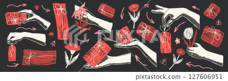 Photocopy hands holding crayon gifts boxes and flowers collage. Summer holiday sale bitmap, doodle elements. Cutout hand receiving chalk gift with bee and butterfly. Vector scrapbook illustration Photocopy hands holding crayon gifts boxes and flowers collage. Summer holiday sale bitmap, doodle elements. Cutout hand receiving chalk gift with bee and butterfly. Vector scrapbook illustration 127606951