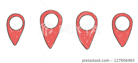 Location map pin crayon drawn set. Road pointer locate hand drawn doodle isolated on white background. Travel destination symbol elements. Vector navigation geo position illustration by pencil Location map pin crayon drawn set. Road pointer locate hand drawn doodle isolated on white background. Travel destination symbol elements. Vector navigation geo position illustration by pencil 127606965