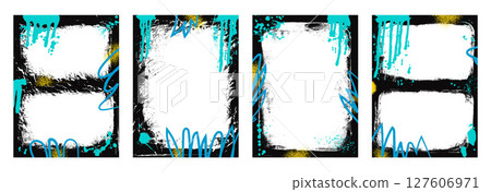 Urban street spray background double frames set. Text boxes border graffiti template with airbrush lines stroke and aerosol. Ink and paint decor for photo. Vector callouts tag illustration Urban street spray background double frames set. Text boxes border graffiti template with airbrush lines stroke and aerosol. Ink and paint decor for photo. Vector callouts tag illustration 127606971