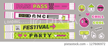 Stickers shapes and bracelet tickets set. Music festival, concert wristbands, patches in retro rave style. Paper y2k stamps and pixel art hand labels. Vector promo tags and 8 bit smiling face badges Stickers shapes and bracelet tickets set. Music festival, concert wristbands, patches in retro rave style. Paper y2k stamps and pixel art hand labels. Vector promo tags and 8 bit smiling face badges 127606972