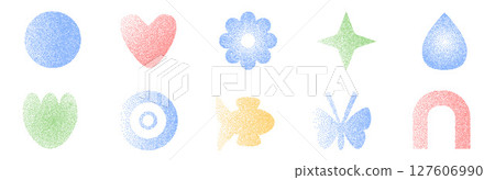 Grain pastel colors noise gradient geometric shape set. Y2k retro heart, drop and fish with flower forms. Gritty grunge butterfly and star icons on white background. Vector stippling illustration Grain pastel colors noise gradient geometric shape set. Y2k retro heart, drop and fish with flower forms. Gritty grunge butterfly and star icons on white background. Vector stippling illustration 127606990