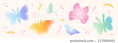 Grain colorful noise gradient butterflies shapes set. Y2k iridescent forms. Gritty grunge butterfly icons on beige background. Vector stippling illustration 127606991