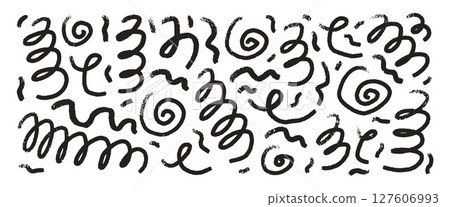 Charcoal scribble wave figures. Squiggle hand drawn confetti set. Vector black and white grunge crayon brush strokes lines collection. Curly ink abstract brush spirals isolated on white background Charcoal scribble wave figures. Squiggle hand drawn confetti set. Vector black and white grunge crayon brush strokes lines collection. Curly ink abstract brush spirals isolated on white background 127606993