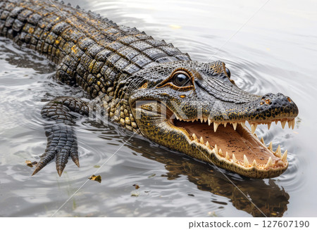 Alligator in a Shallow River with Open Mouth Showing Teeth. 127607190
