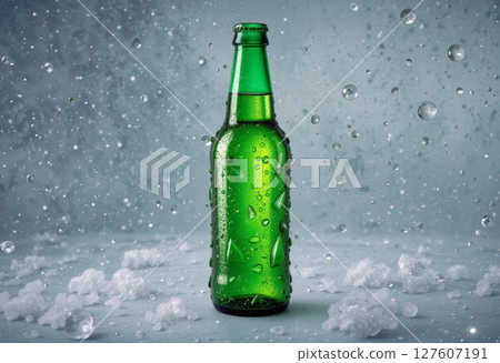 Green Glass Bottle with Water Droplets and Snowflakes in Chill Atmosphere. 127607191