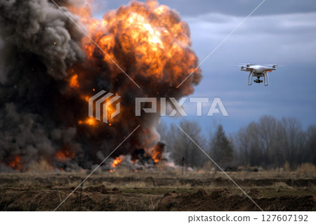 Explosion Erupts as Hovering Drone Documents Combat. 127607192