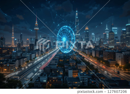 Futuristic Digital City with Advanced Network Technology Visualization. 127607206