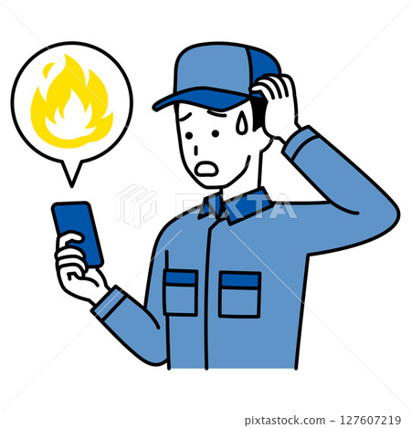 A man in overalls is troubled by a social media firestorm on his smartphone A man in overalls is troubled by a social media firestorm on his smartphone 127607219