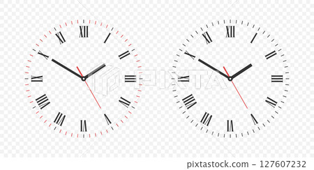 Vector Clock Face Set with Roman Numerals. Vector Clock Face Illustration with Hour, Minute and Second Hands. Isolated Classic Clock Face Design for Time Concept, Education, Decor and Watch Mockup Vector Clock Face Set with Roman Numerals. Vector Clock Face Illustration with Hour, Minute and Second Hands. Isolated Classic Clock Face Design for Time Concept, Education, Decor and Watch Mockup 127607232