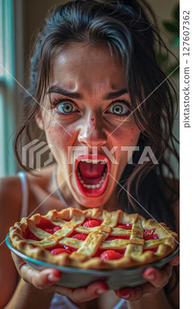 Screaming woman holding strawberry pie. Crazy expression on woman holding strawberry pie. Screaming woman holding strawberry pie. Crazy expression on woman holding strawberry pie. 127607362