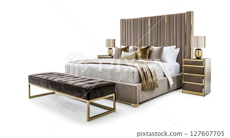 A bed with a brown footstool and a gold headboard A bed with a brown footstool and a gold headboard 127607705