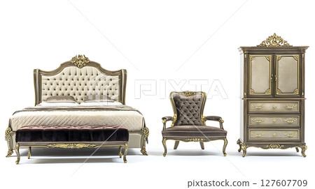 A bed, chair, and dresser are shown in a room 127607709