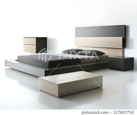 A bed with a wooden headboard and a white nightstand A bed with a wooden headboard and a white nightstand 127607758