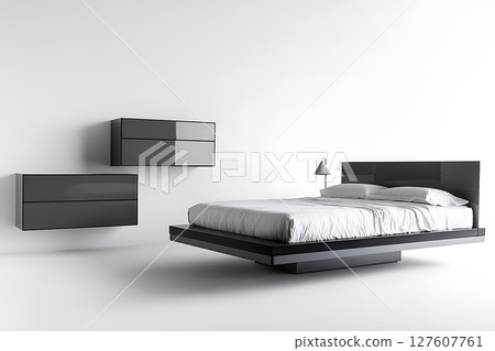 A bed with a white sheet and pillows is on a white background A bed with a white sheet and pillows is on a white background 127607761