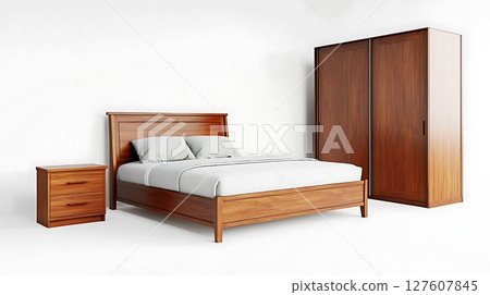 A wooden bed with a white comforter 127607845
