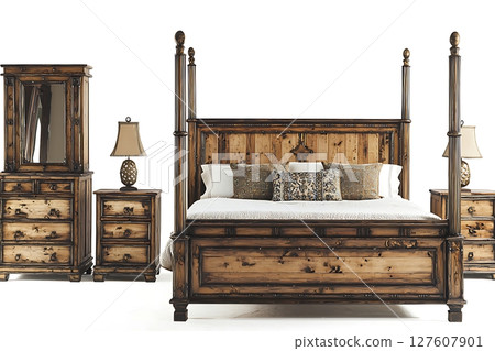 A wooden bed set with a headboard and footboard A wooden bed set with a headboard and footboard 127607901