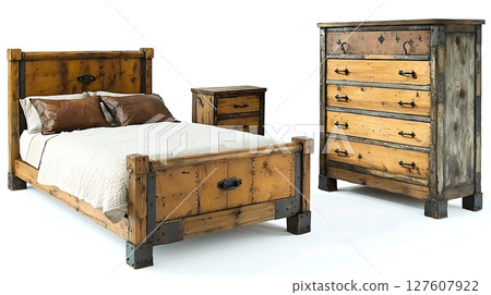 A wooden bed and dresser with a white comforter on the bed 127607922