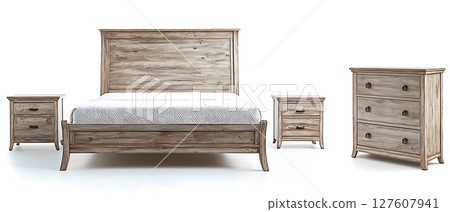 A wooden bed, dresser, and nightstand are shown in a white background 127607941