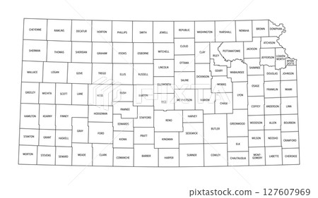 State of Kansas, subdivided into 105 counties, political map with borders and county names. State in the Midwestern region of the United States, nicknamed The Sunflower State, and The Wheat State. 127607969