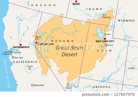 Great Basin Desert, in western United States, political map. Temperate desert with hot, dry summers and snowy winters, spanning large portions of Nevada and Utah, extending into California and Idaho. 127607970