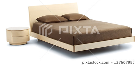 A bed with two pillows and a brown sheet 127607995