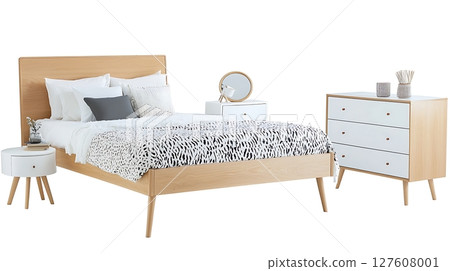 A bed with a white comforter and pillows, a nightstand with a clock and a mirror 127608001