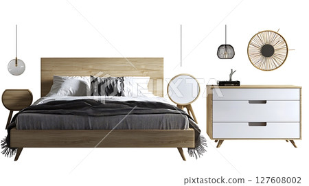 A bed, nightstand, and dresser are shown in a room 127608002