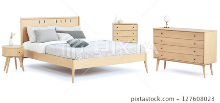 A bed, dresser, and nightstand are shown in a room 127608023