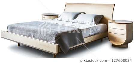 A bed with a white comforter and a gray blanket 127608024