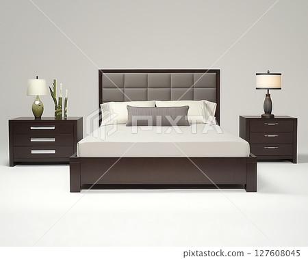 A bed with a white pillow and a lamp on the nightstand 127608045