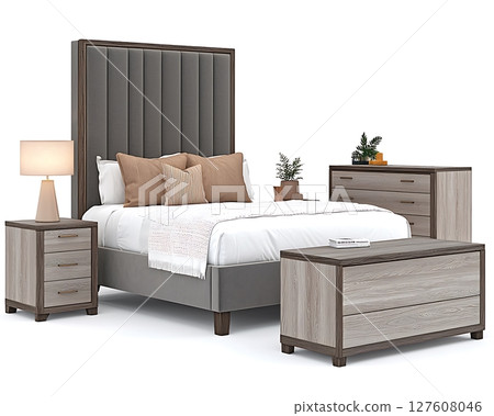 A bed with a grey headboard and a white comforter 127608046
