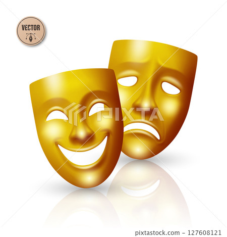 Vector Realistic Theater Mask Set. Comedy and Tragedy Masks. Classic Yellow Gold Theater Mask for Stage Design, Greek Drama, Acting, Performing Arts. Theater Mask, Isolated 127608121